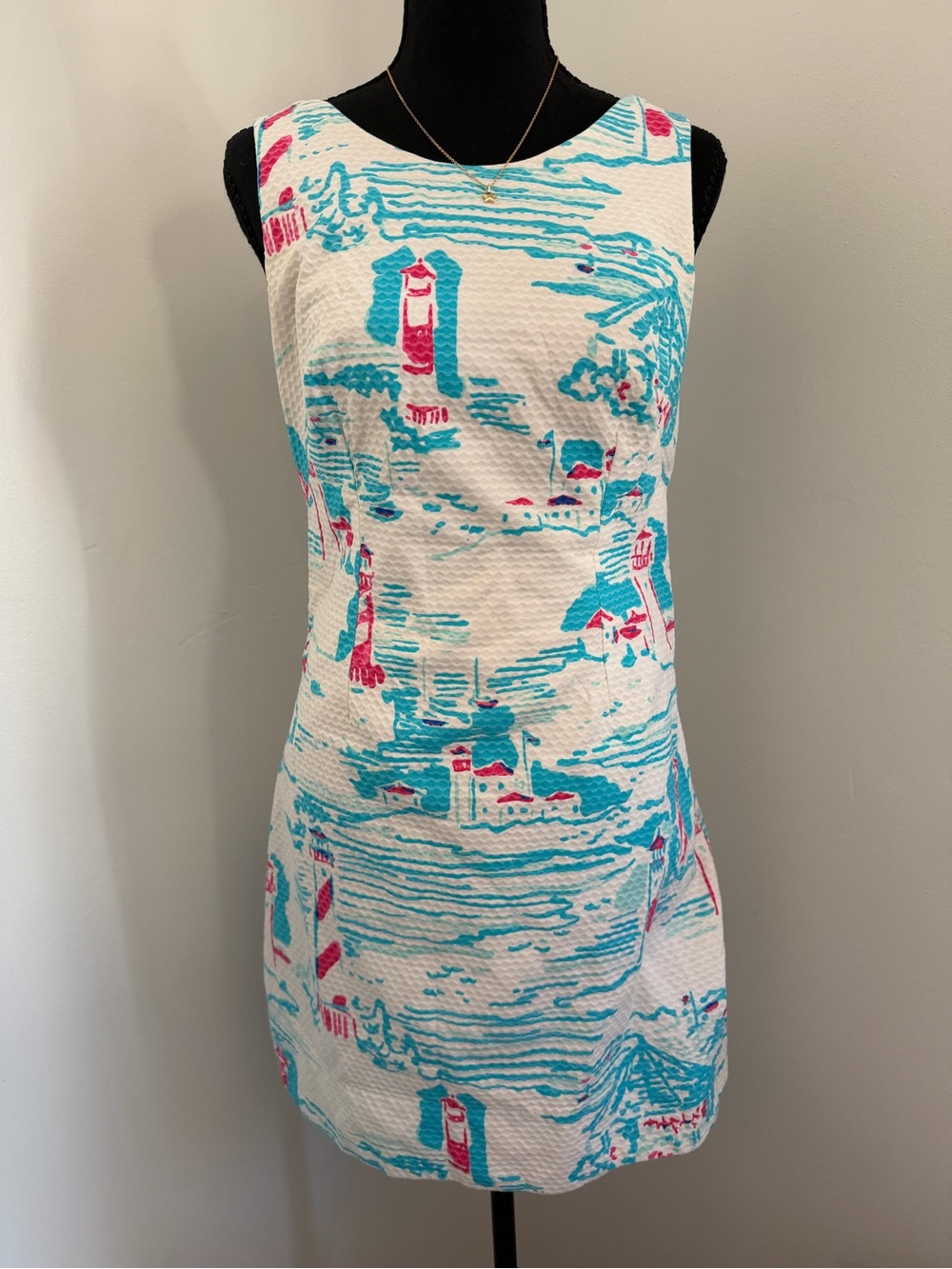 Lilly Pulitzer Lighthouse Shift Dress Size 4 White Blue Pink Nautical Anchor Zip